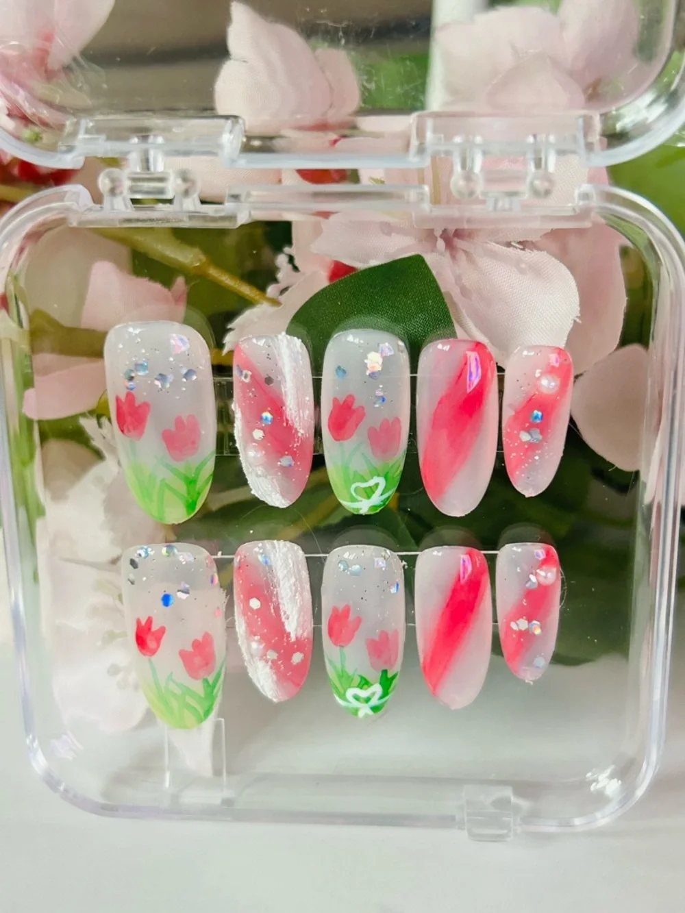 Medium Hand-Painted Pink Tulip Press-On Nails